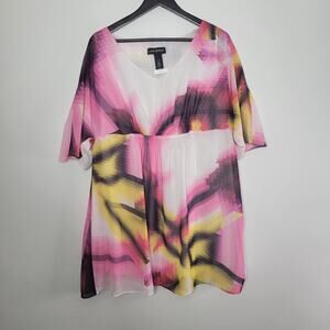Lane Bryant Women Tunic Top 14/16 Pink Yellow Black V-Neck Sheer Lined